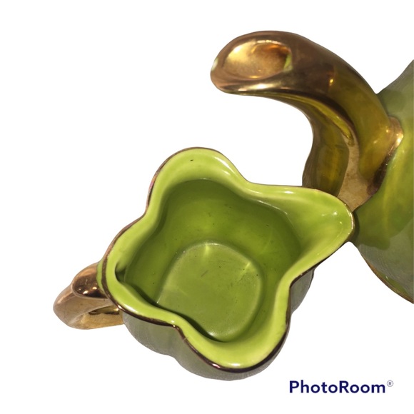 Vintage Pearl Co Teapot Set 22 kt Gold Green Luster Creamer Sugar USA - Picture 9 of 13